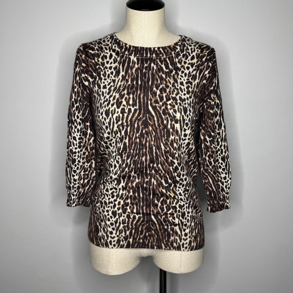 J Crew Merino Wool Top Womens Small Brown Animal Print Leopard 3/4 Sleeve Casual - Picture 1 of 8